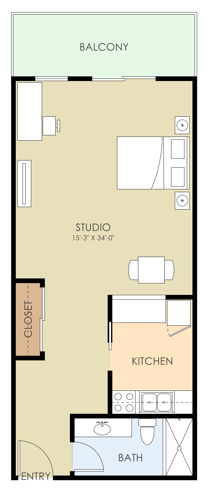 Floor plan for studio, 1 bath